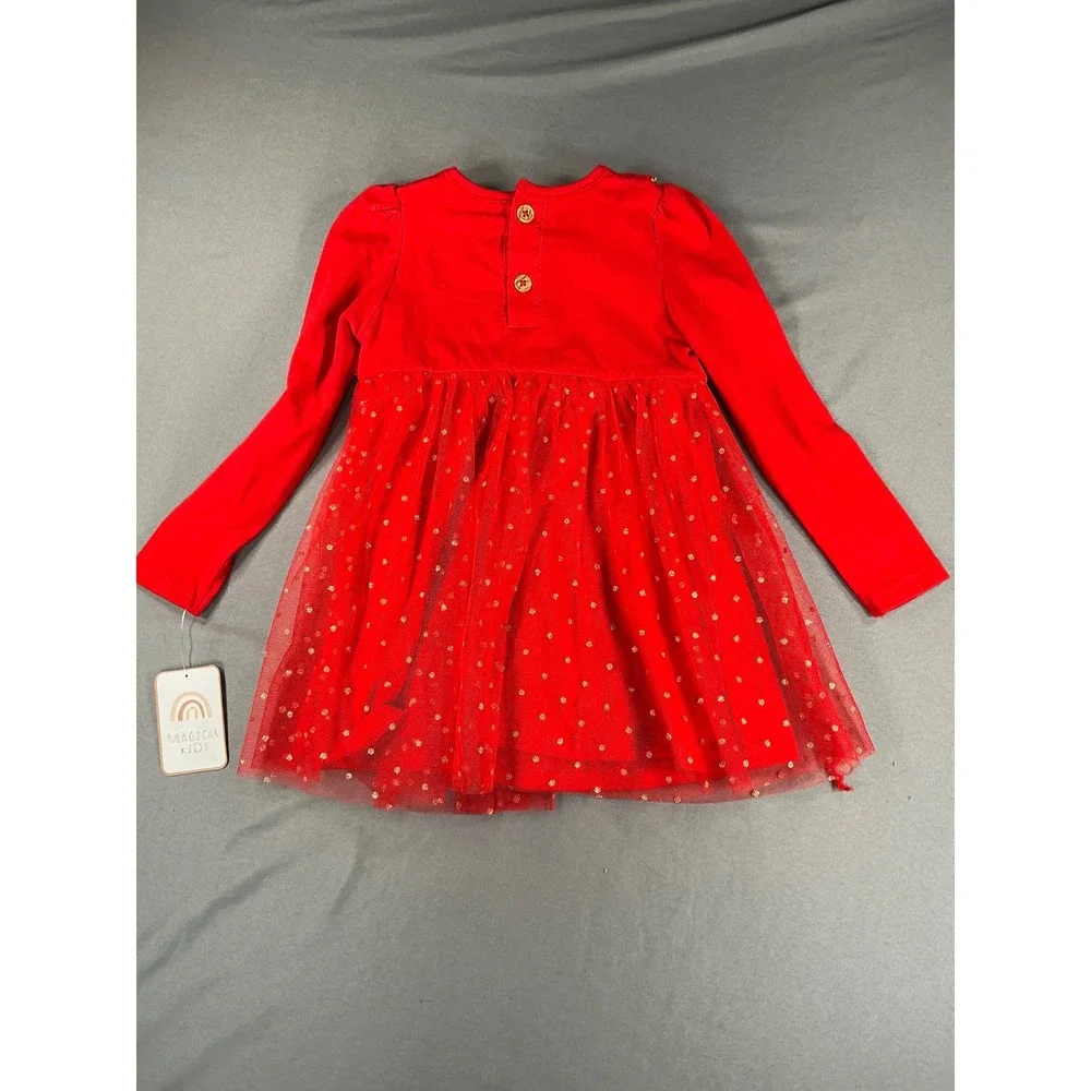 NWT 18 mos Magical Kids Baby Girl Red Jolly Christmas Tulle Dress Gold Polka Dot